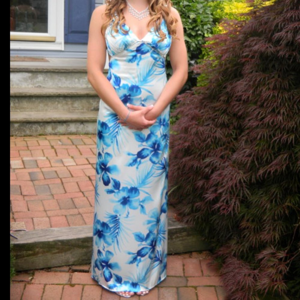 White and Blue Floral Prom Gown Size 2